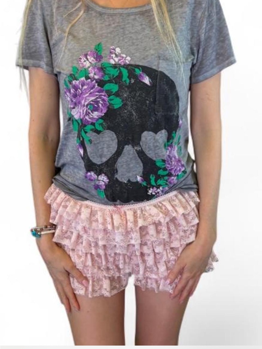 Floral Skull head gothic grunge knit tee semi sheer light weight material Sm